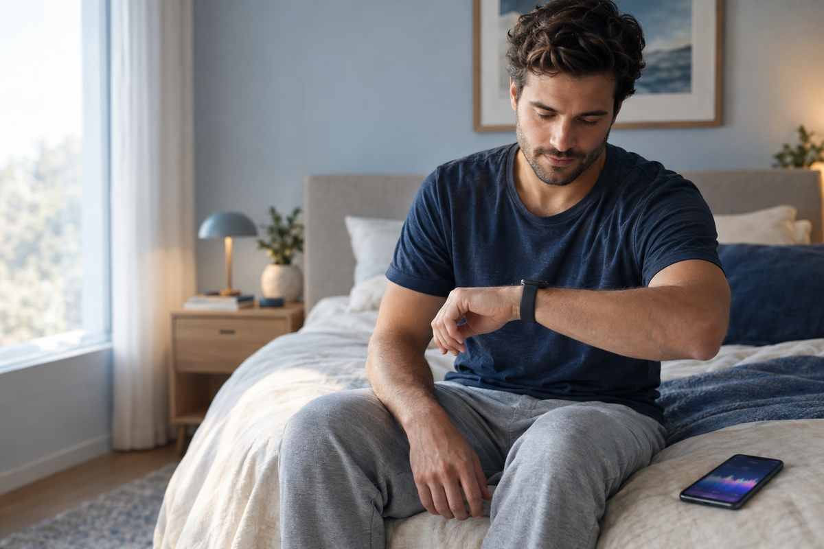 A man checks his smartwatch after waking, with a blurred sleep chart on a nearby phone, illustrating how wearables estimate sleep stages.