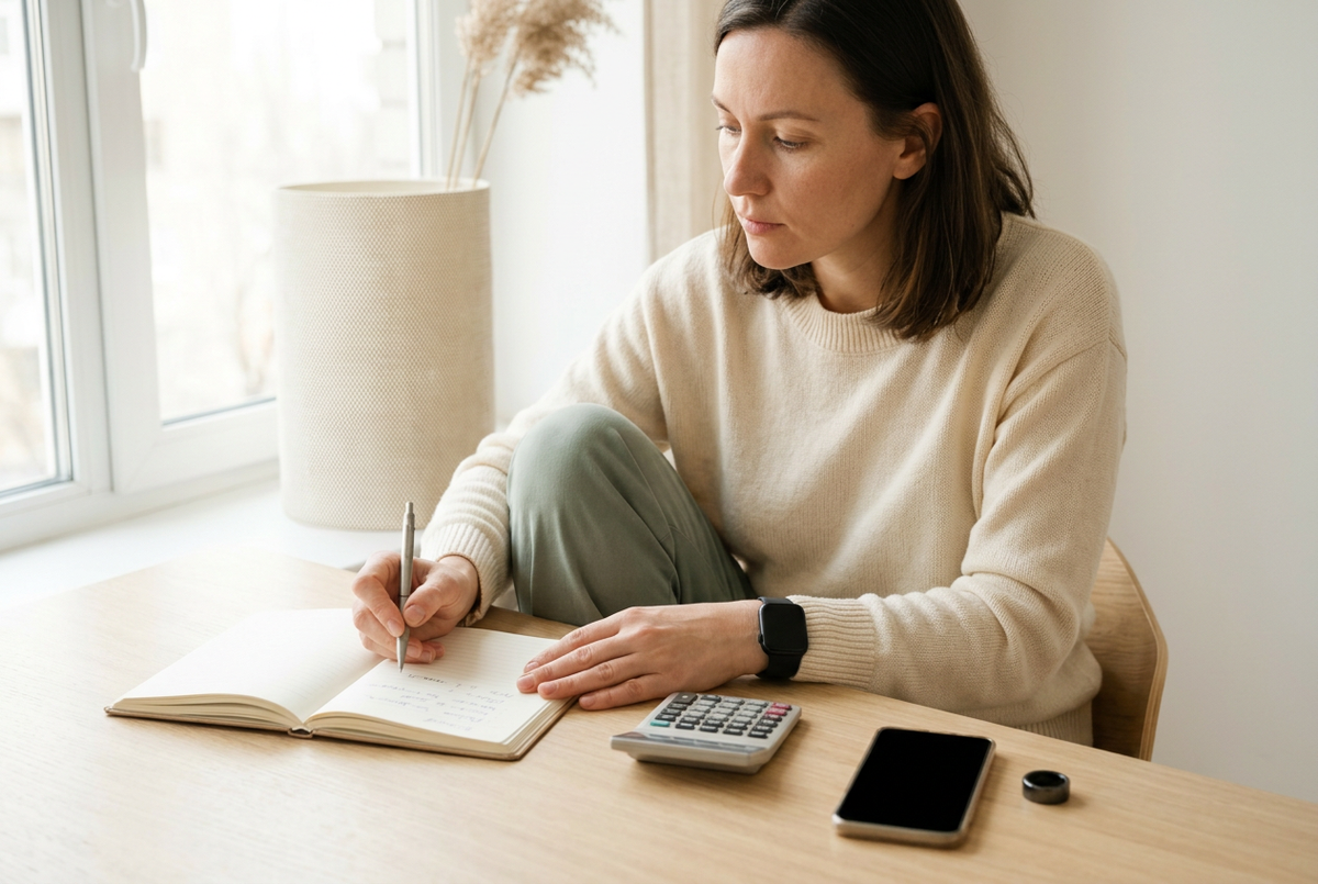 A woman wearing a smartwatch reviews notes at a desk with a calculator, smartphone and smart ring while comparing wearable ownership costs.