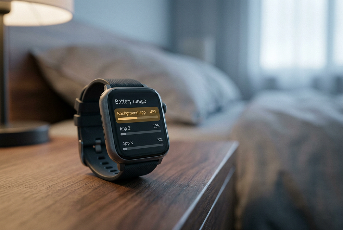 Close-up of a smartwatch displaying an illustrative battery usage chart on a bedside table, with a background app shown as the largest power consumer.