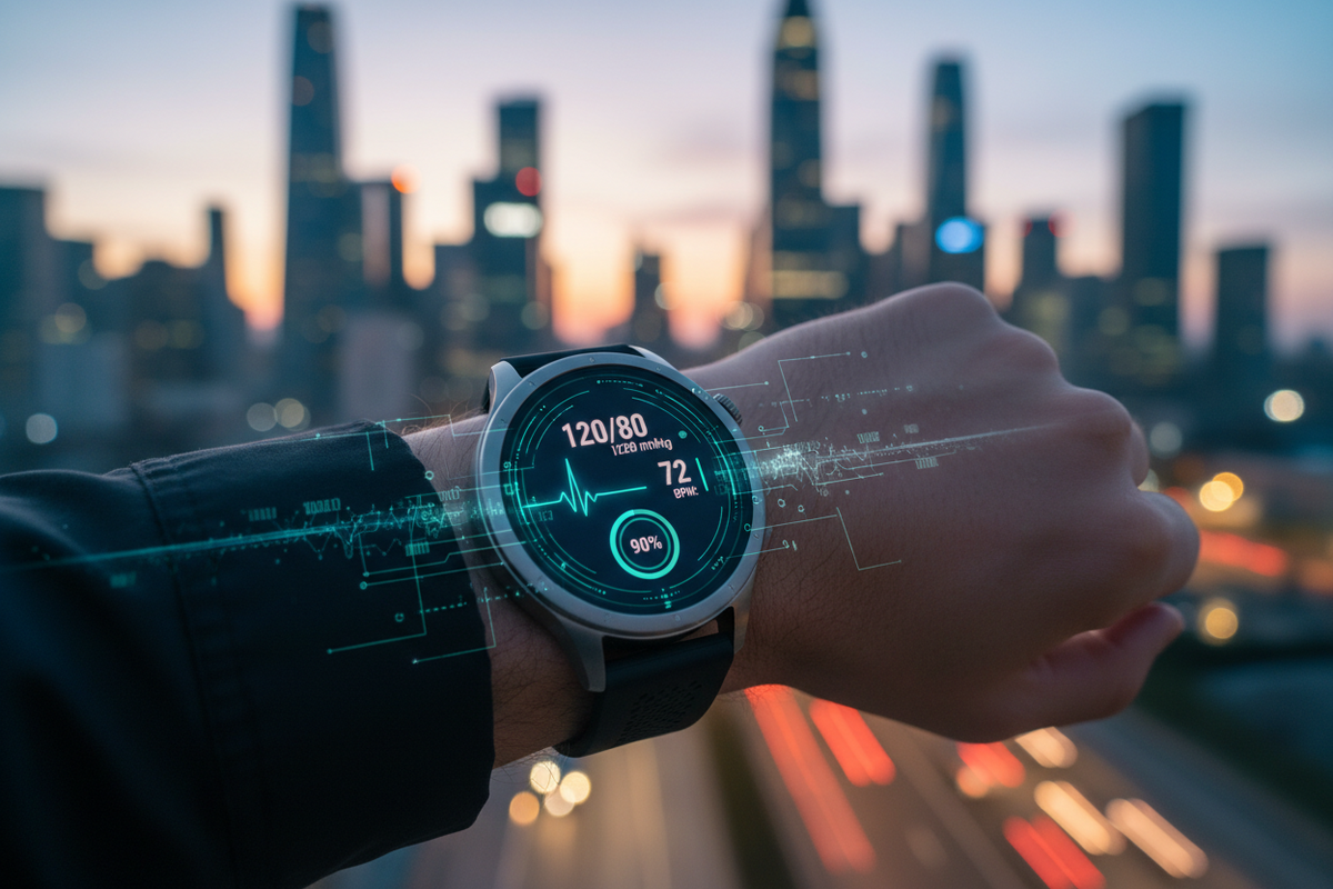 A premium smartwatch on a wrist displaying a futuristic health dashboard with ECG and blood pressure data against a city skyline backdrop, representing the four key smartwatch industry trends of 2026